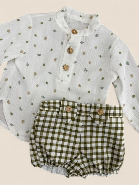 Conjunto bebé blusa blanca con bordados y braguita cuadros verde CUCÚ