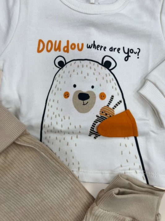 Conjunto bebé camiseta oso blanco y pantalón beige pana BOBOLI