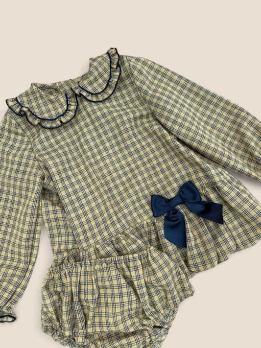 Conjunto bebé cuadros amarillo y azul con lazo marino Lolittos