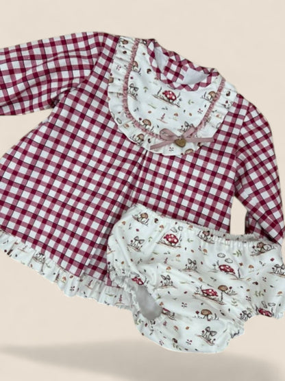 Conjunto bebé cuadros burdeos con blusa estampada bosque Belén Costales