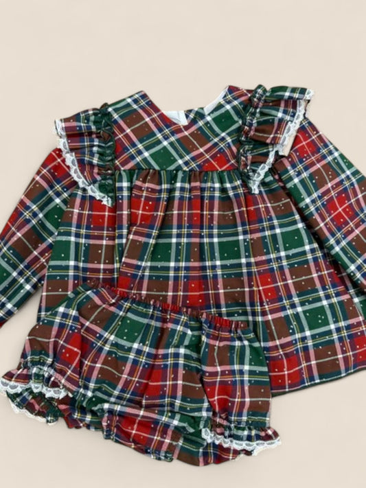 Conjunto bebé cuadros tartán navideño con puntilla Lolittos