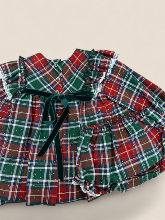 Conjunto bebé cuadros tartán navideño con puntilla Lolittos