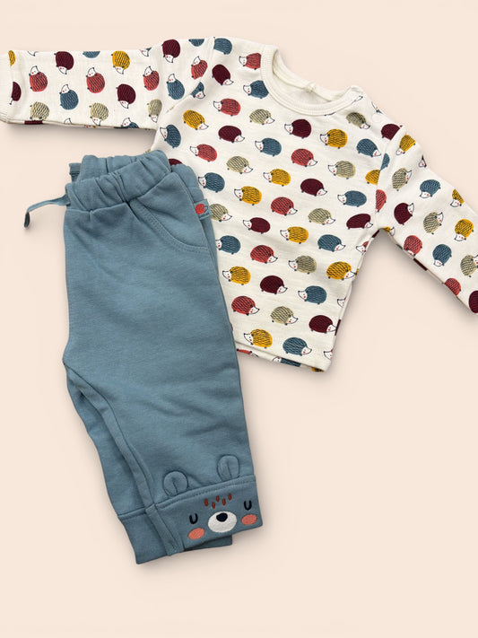 Conjunto bebé erizos con sudadera estampada y pantalón azul verdoso