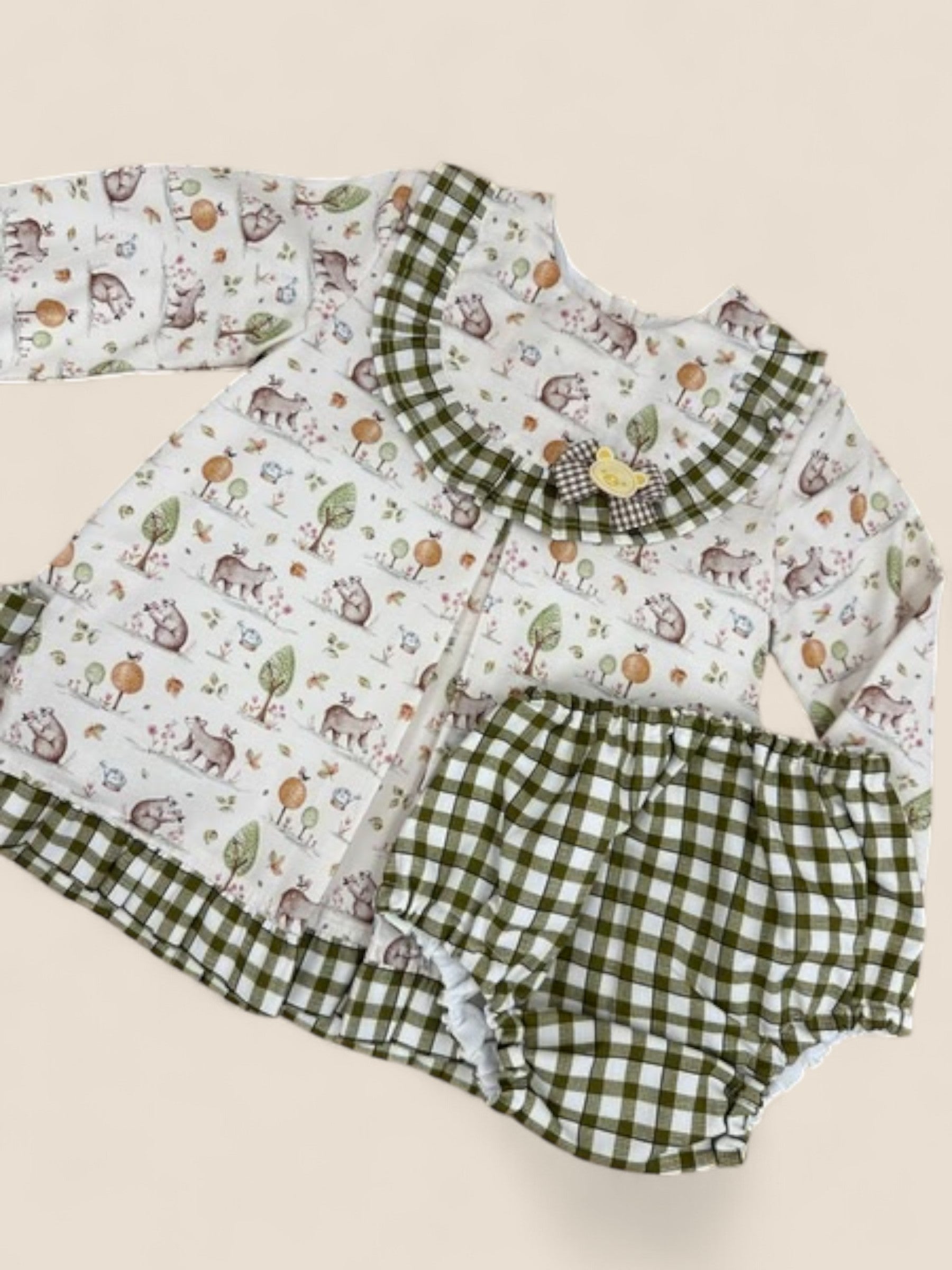 Conjunto bebé estampado bosque con braguita cuadros verde CUCÚ