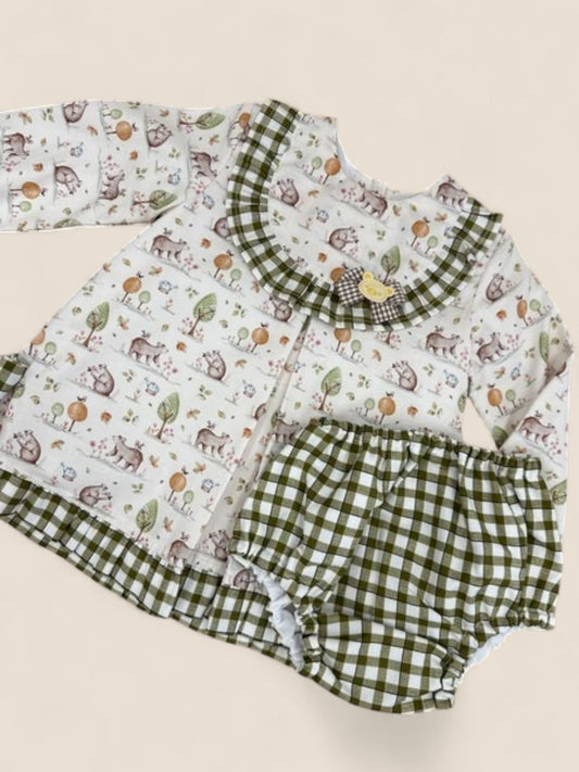 Conjunto bebé estampado bosque con braguita cuadros verde CUCÚ