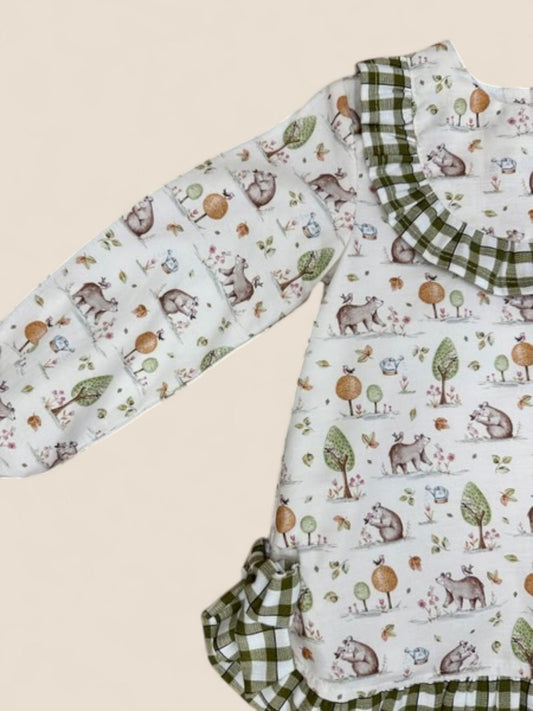 Conjunto bebé estampado bosque con braguita cuadros verde CUCÚ