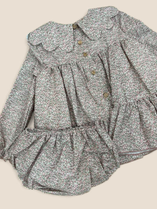 Conjunto bebé flores rosa y verde con lazo satén Lolittos
