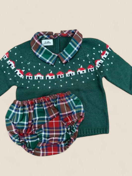 Conjunto bebé jersey verde casas y cubrepañal cuadros escoceses Lolittos