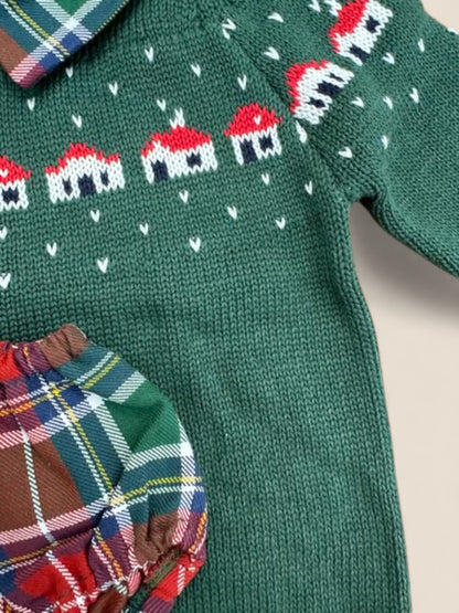 Conjunto bebé jersey verde casas y cubrepañal cuadros escoceses Lolittos