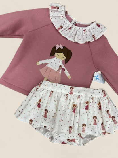 Conjunto bebé muñeca rosa con braguita estampada Belén Costales