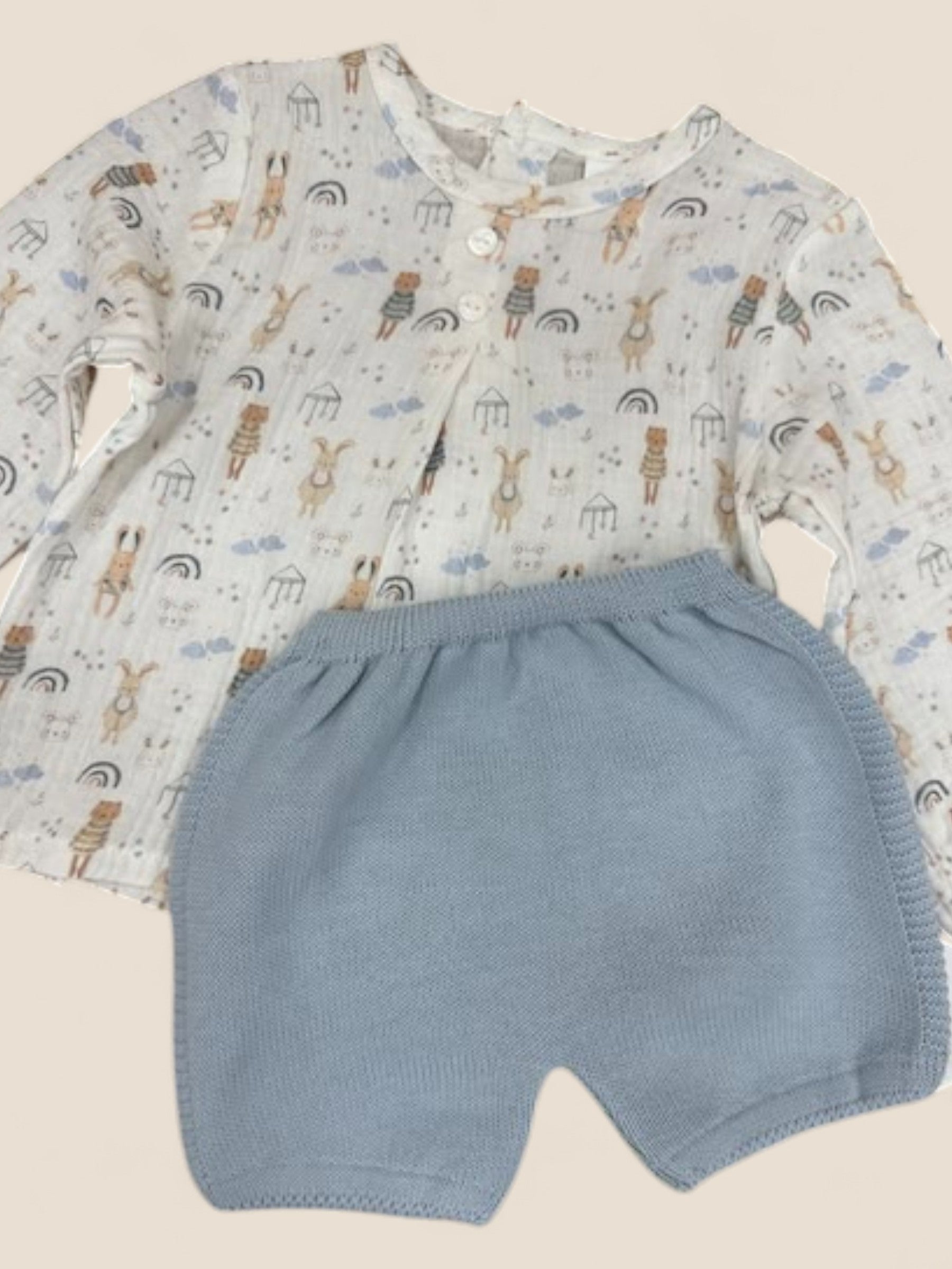 Conjunto bebé muselina animalitos y cubrepañal azul Visi