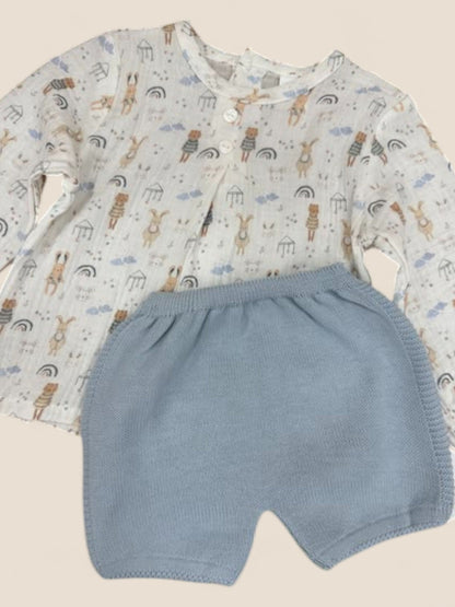 Conjunto bebé muselina animalitos y cubrepañal azul Visi
