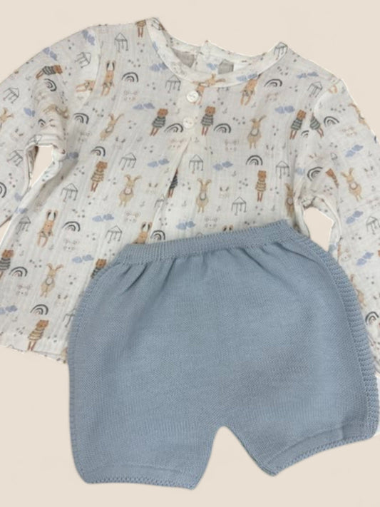Conjunto bebé muselina animalitos y cubrepañal azul Visi