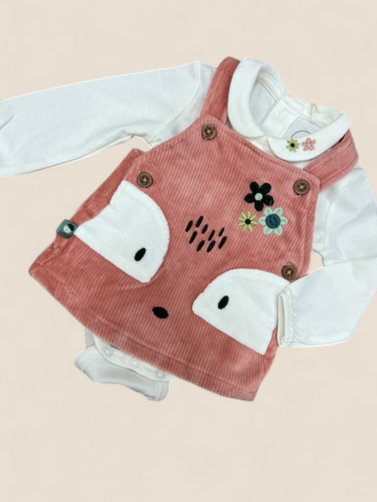 Conjunto bebé de pana con zorrito bordado y camiseta blanca BOBOLI