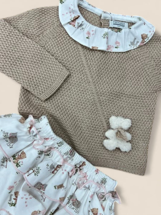 Conjunto bebé punto beige con ranita volantes estampada PANGASA