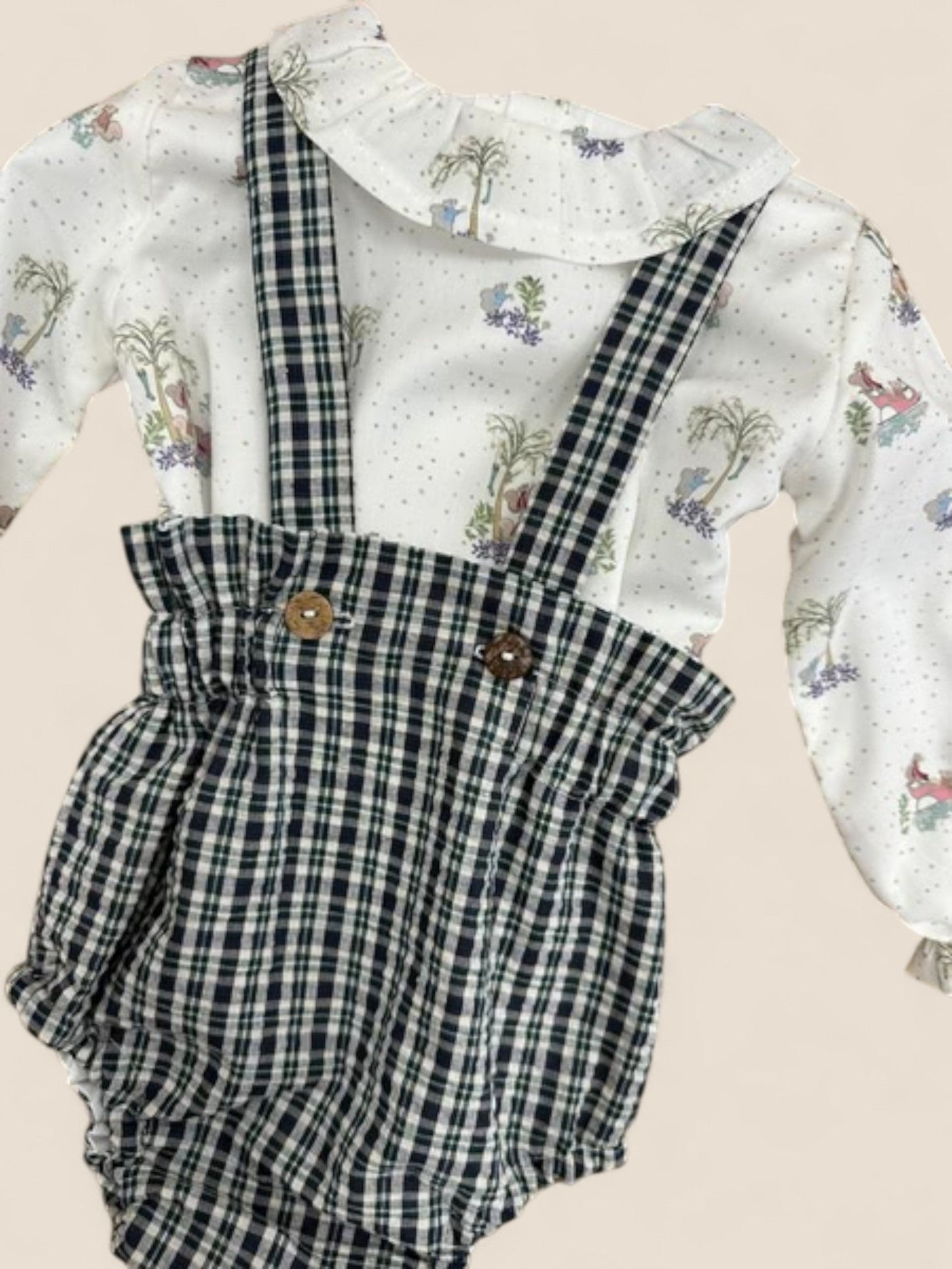 Conjunto bebé ranita cuadros con tirantes y blusa estampada CUCÚ