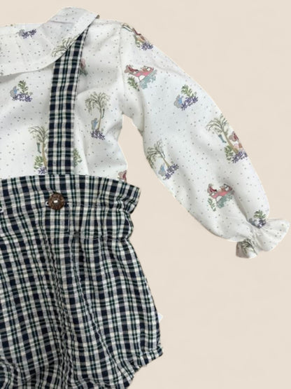 Conjunto bebé ranita cuadros con tirantes y blusa estampada CUCÚ