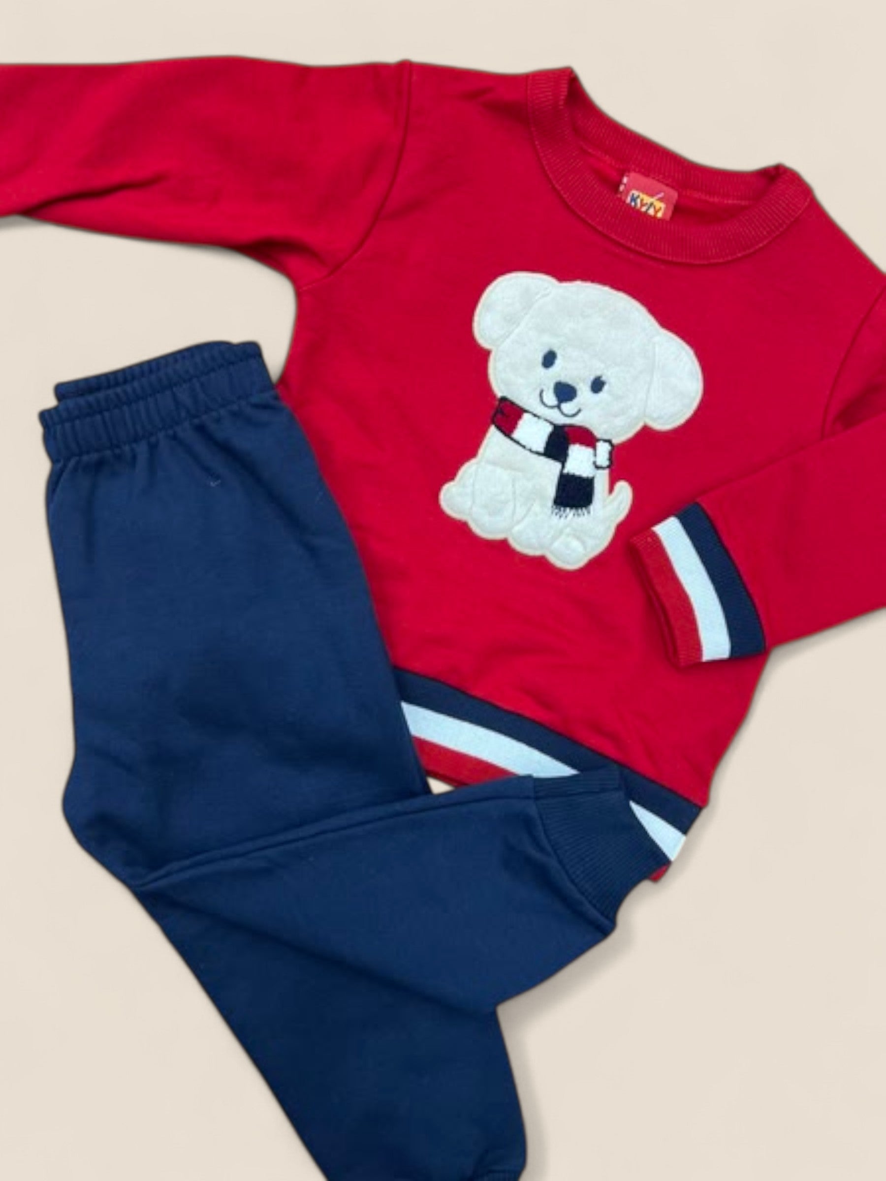 Conjunto bebé rojo con perrito bordado y pantalón azul marino KYLY