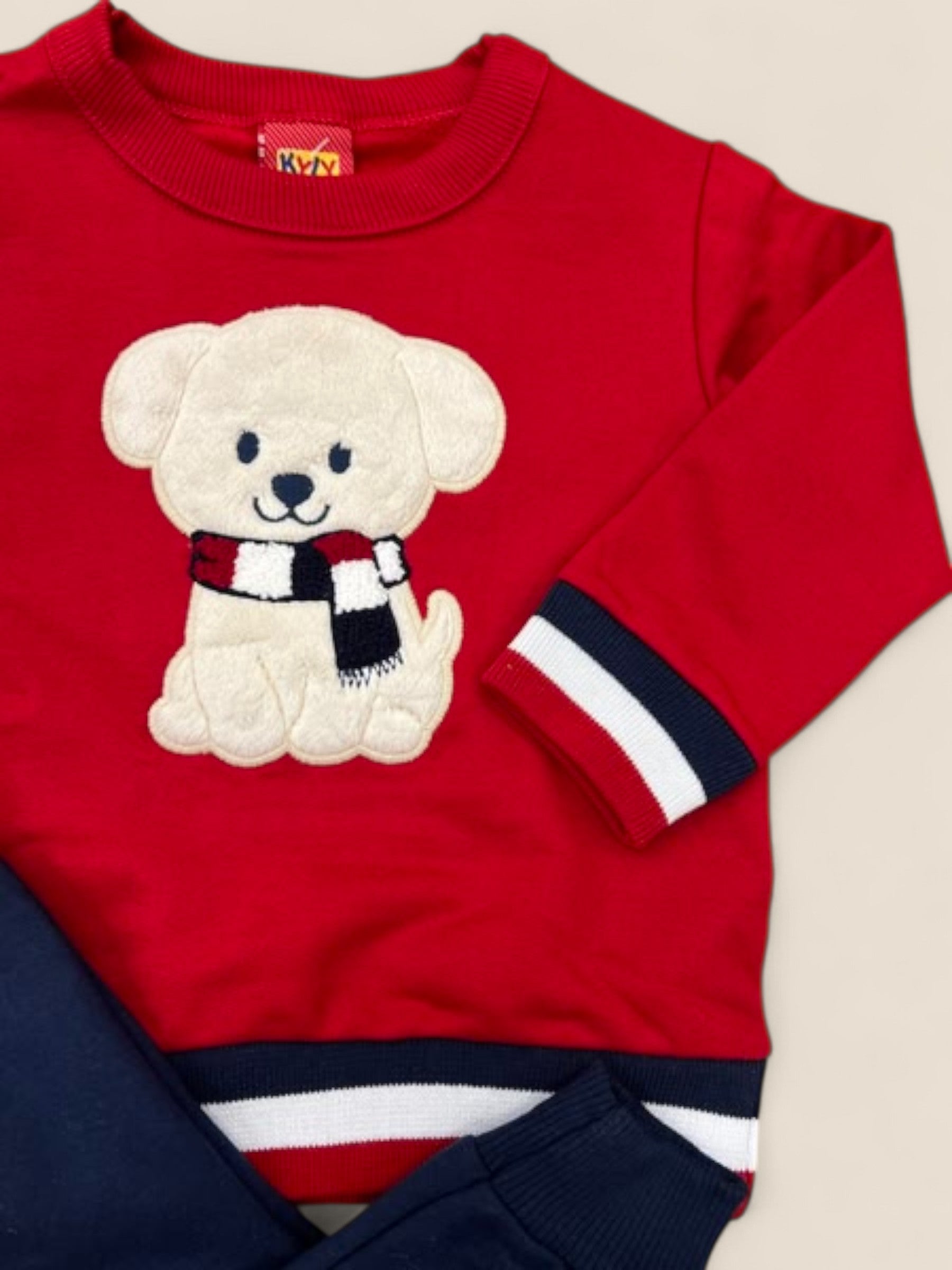 Conjunto bebé rojo con perrito bordado y pantalón azul marino KYLY