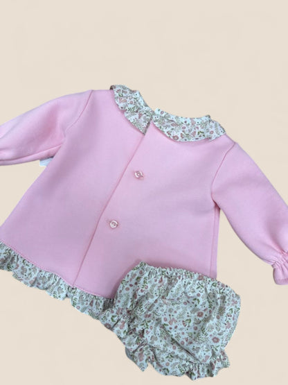 Conjunto bebé rosa con conejito bordado y braguita floral Belén Costales
