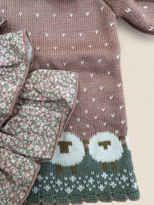 Conjunto de punto rosa con ovejitas y falda flores Lolittos
