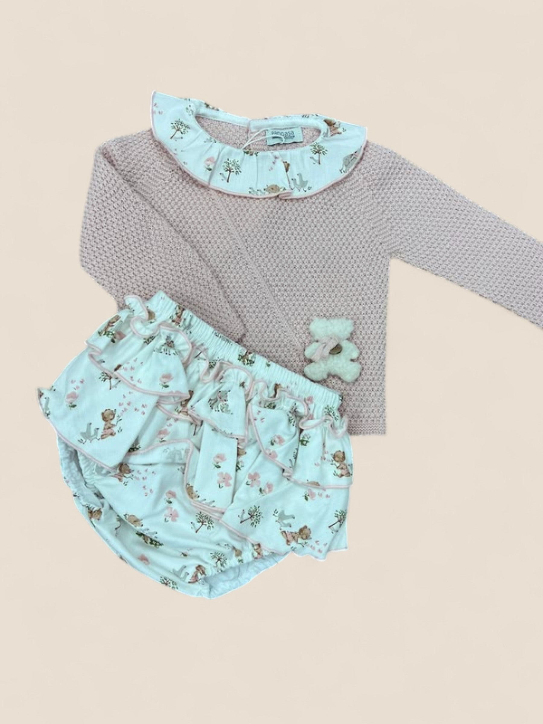 Conjunto bebé rosa empolvado con ranita estampada y jersey de punto Peques del Valle
