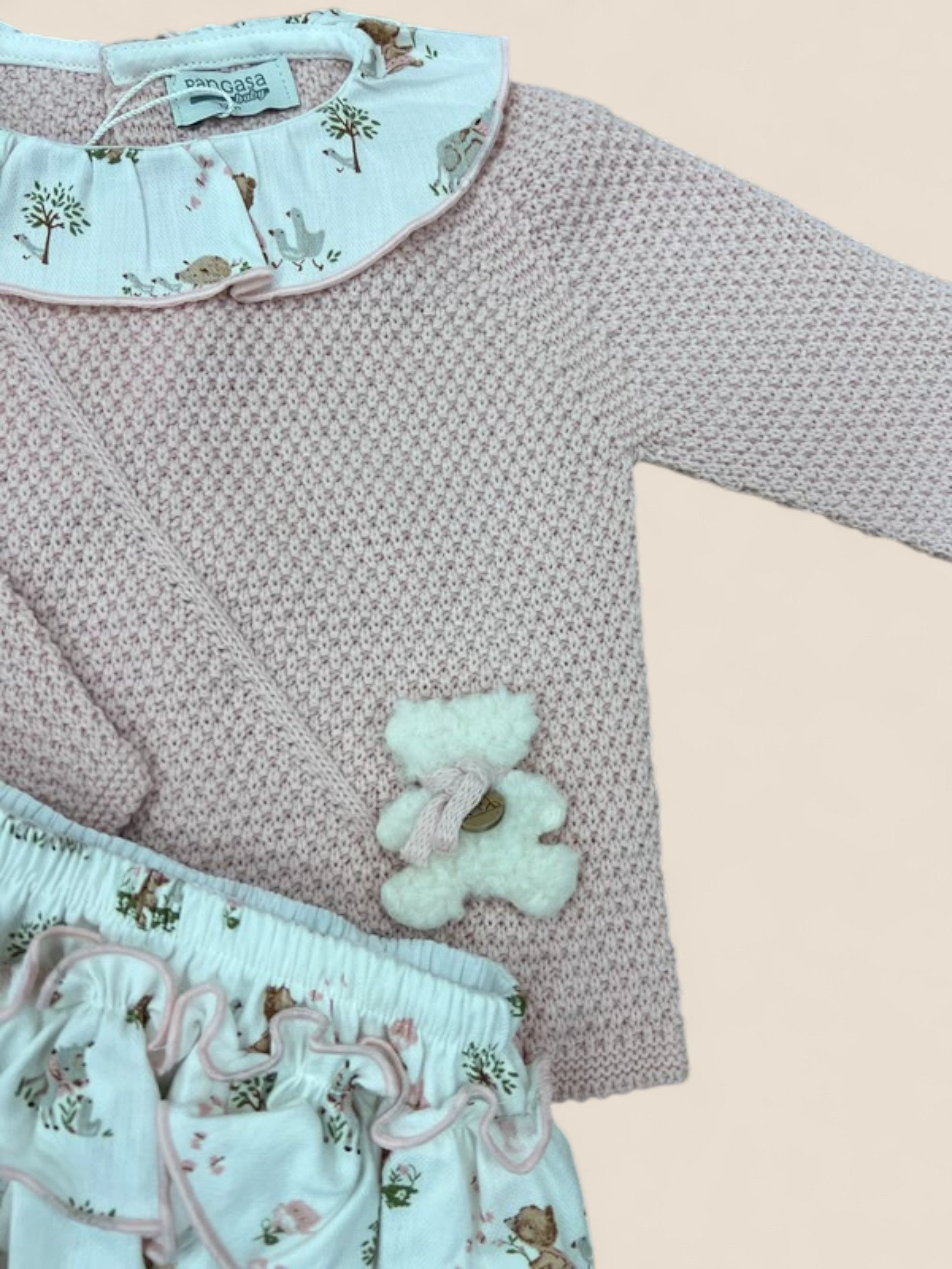 Conjunto bebé rosa empolvado con ranita estampada y jersey de punto Peques del Valle