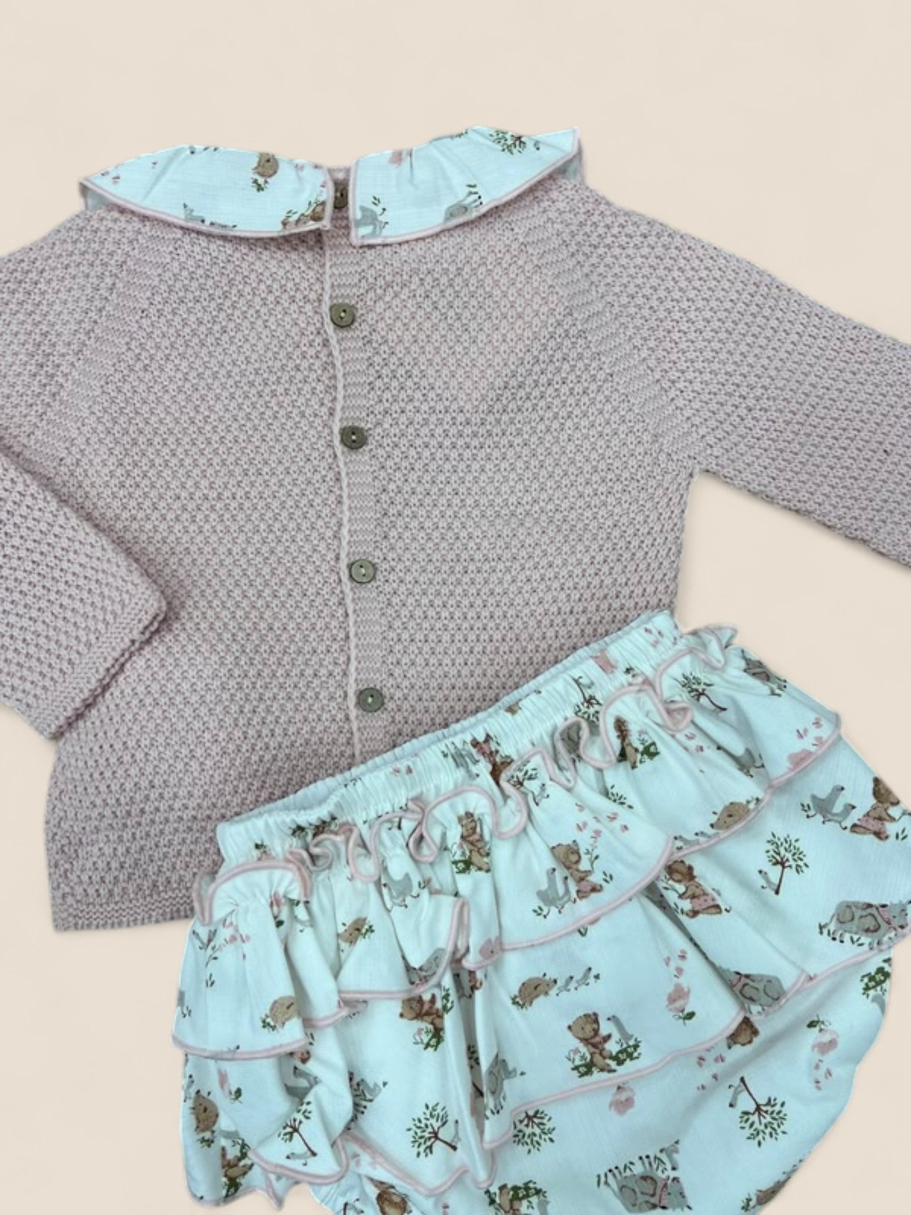 Conjunto bebé rosa empolvado con ranita estampada y jersey de punto Peques del Valle