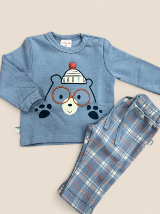 Conjunto bebé sudadera azul oso y pantalón cuadros BOBOLI