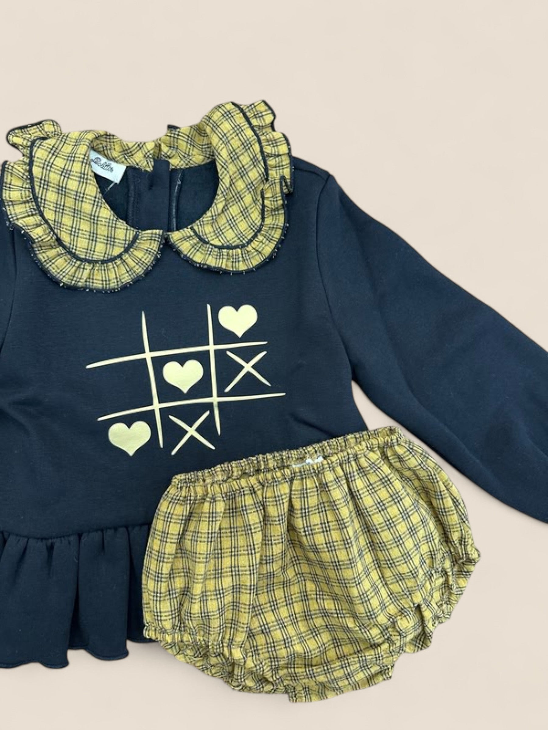 Conjunto bebé sudadera azul juego tres en raya y cubrepañal cuadros mostaza Lolittos