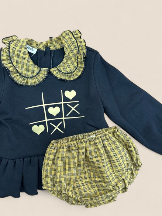 Conjunto bebé sudadera azul juego tres en raya y cubrepañal cuadros mostaza Lolittos