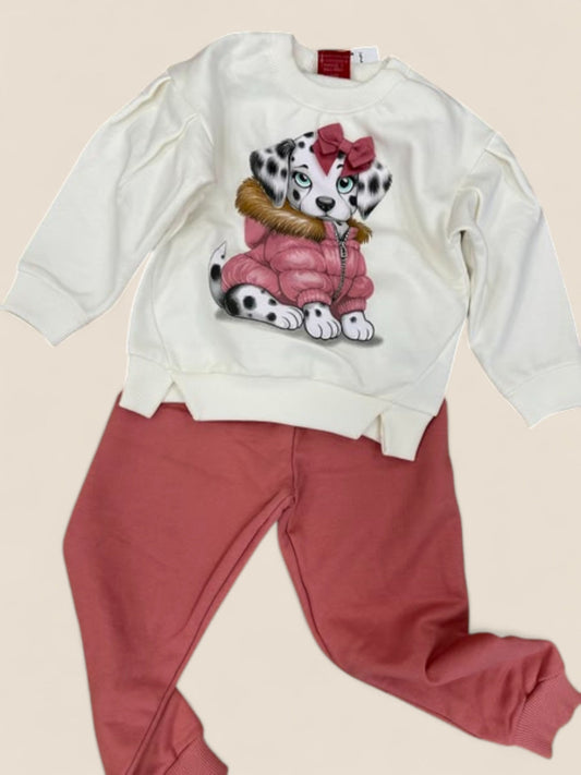 Conjunto bebé sudadera dálmata con lazo y pantalón rosa KYLY