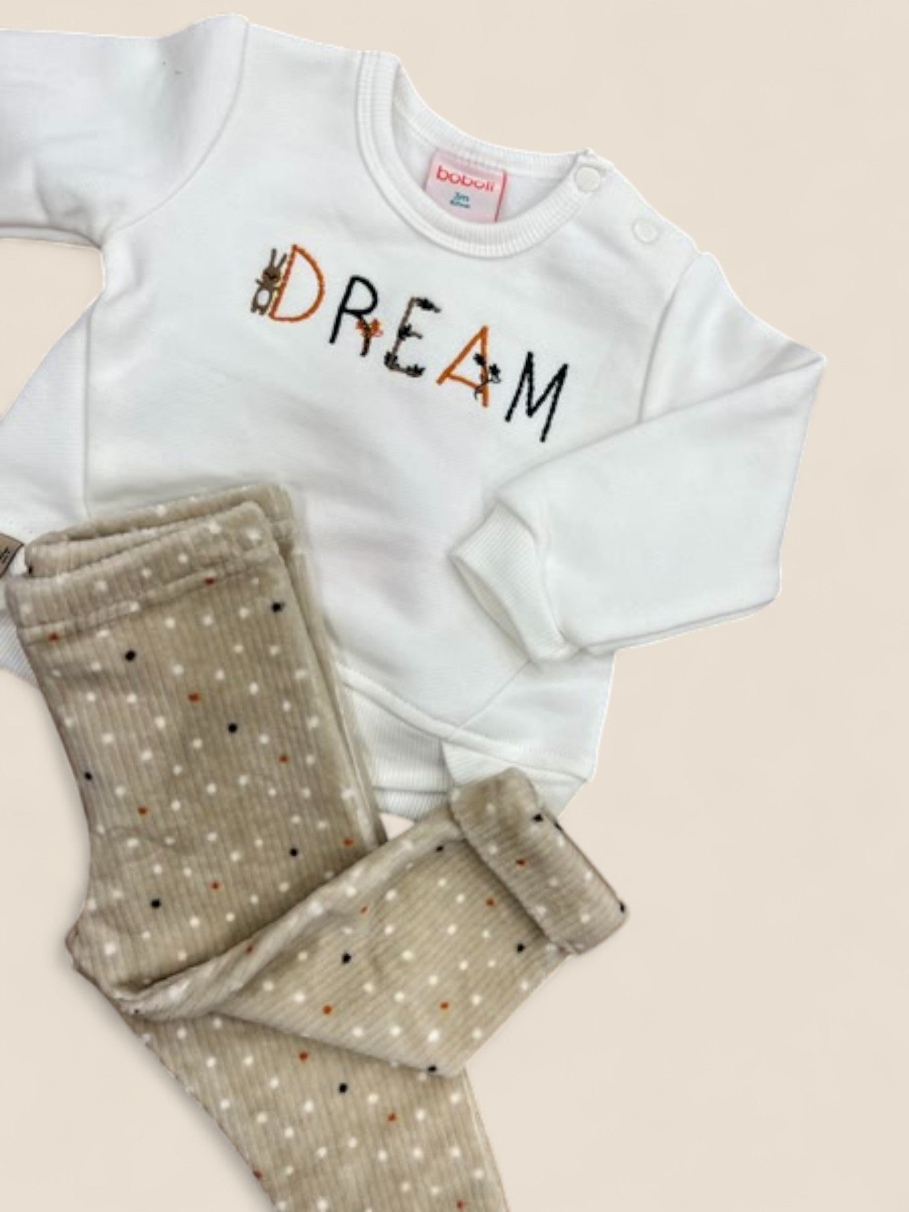 Conjunto bebé sudadera blanca DREAM y leggings beige de topitos BOBOLI