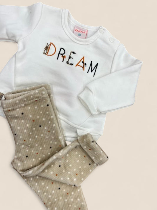 Conjunto bebé sudadera blanca DREAM y leggings beige de topitos BOBOLI