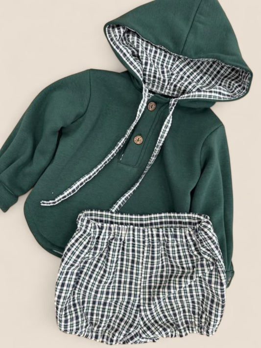 Conjunto bebé sudadera verde con capucha y braguita cuadros CUCÚ