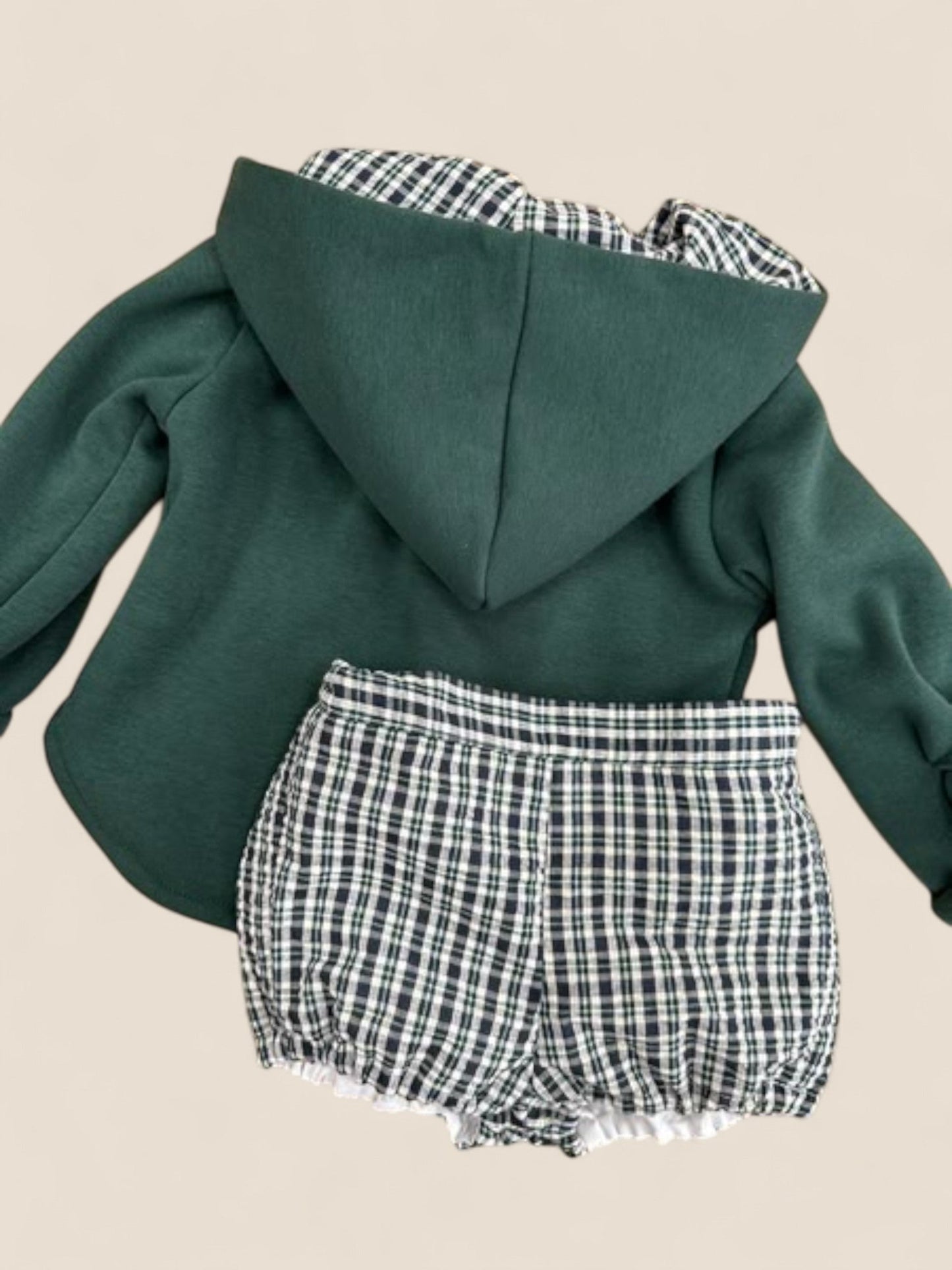 Conjunto bebé sudadera verde con capucha y braguita cuadros CUCÚ