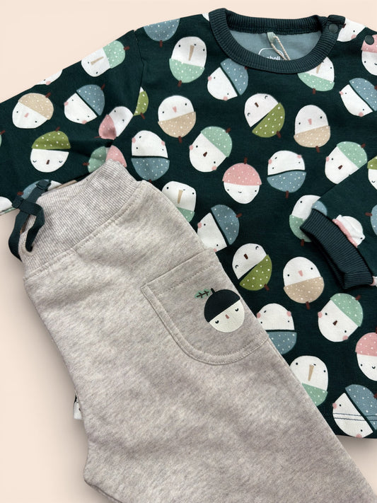 Conjunto bebé sudadera verde con estampado y pantalón gris cómodo