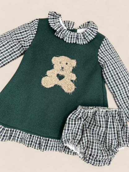 Conjunto bebé verde botella con osito y braguita cuadros CUCÚ