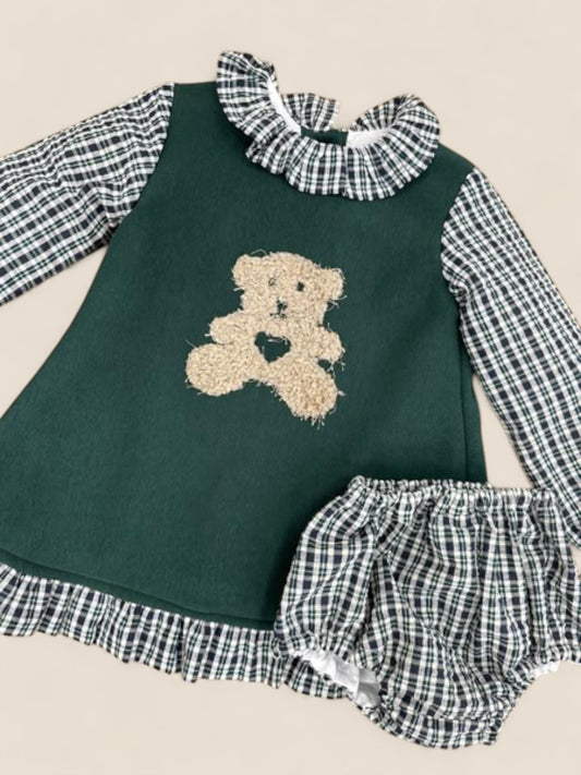 Conjunto bebé verde botella con osito y braguita cuadros CUCÚ