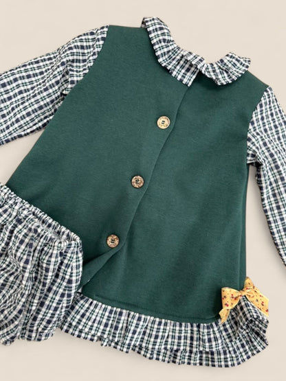 Conjunto bebé verde botella con osito y braguita cuadros CUCÚ