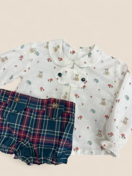 Conjunto bebé zorro con blusa estampada y braguita cuadros escoceses CUCÚ