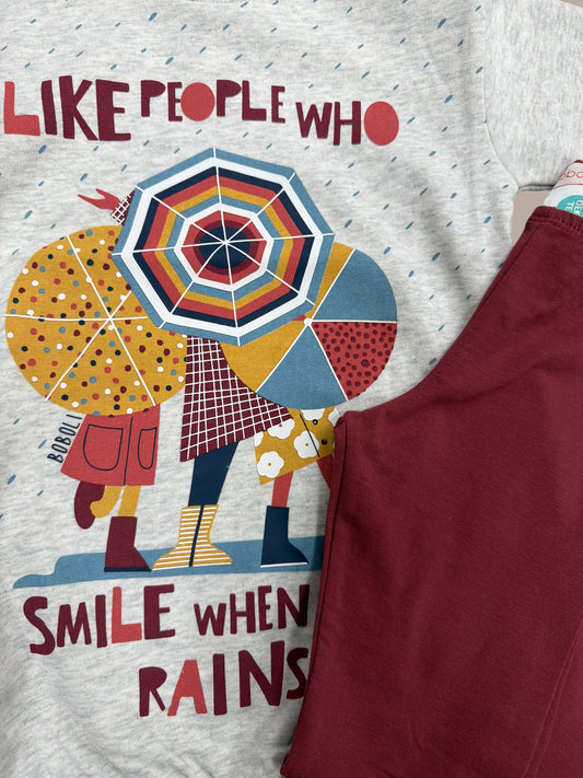 Conjunto infantil sudadera gris con estampado lluvia y pantalón burdeos