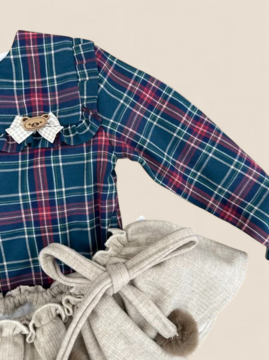 Conjunto niña blusa cuadros y falda gris con pompón CUCÚ
