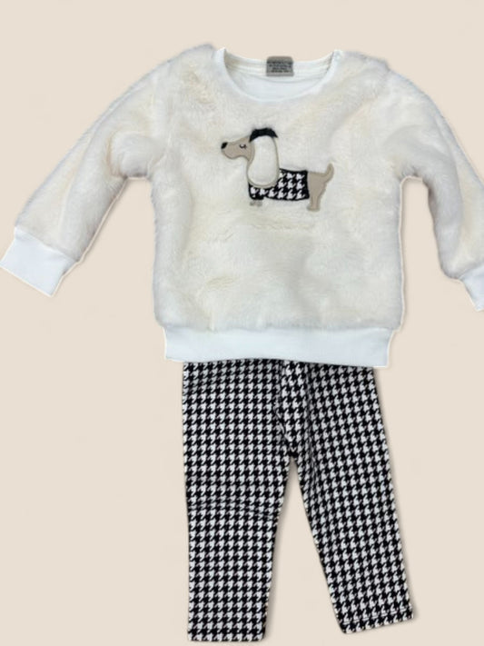 Conjunto niña sudadera perrito blanco y leggings pata de gallo KYLY