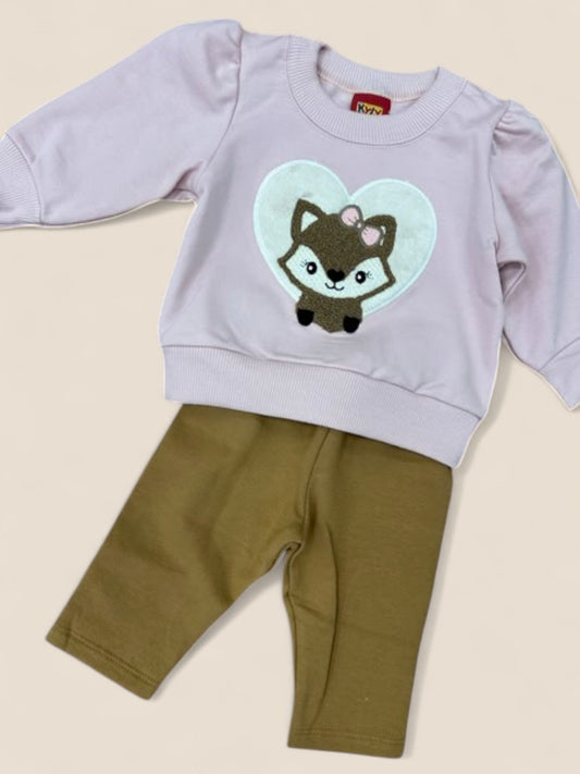 Conjunto niña sudadera rosa con zorrito y pantalón verde oliva KYLY