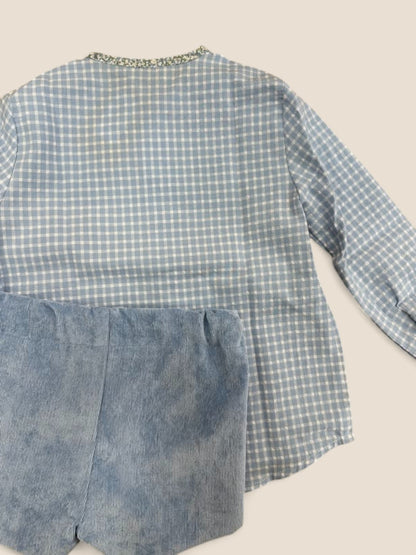 Conjunto niño camisa cuadros celeste y short pana azul Lolittos