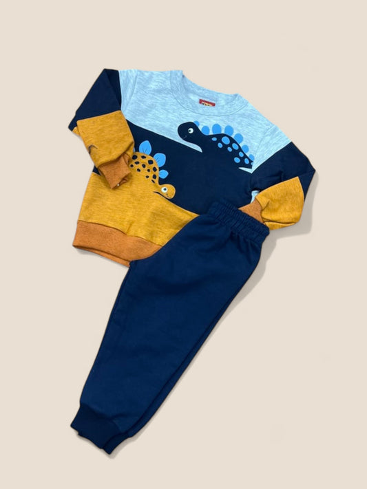 Conjunto dinosaurios niño en tonos azul y mostaza KYLY