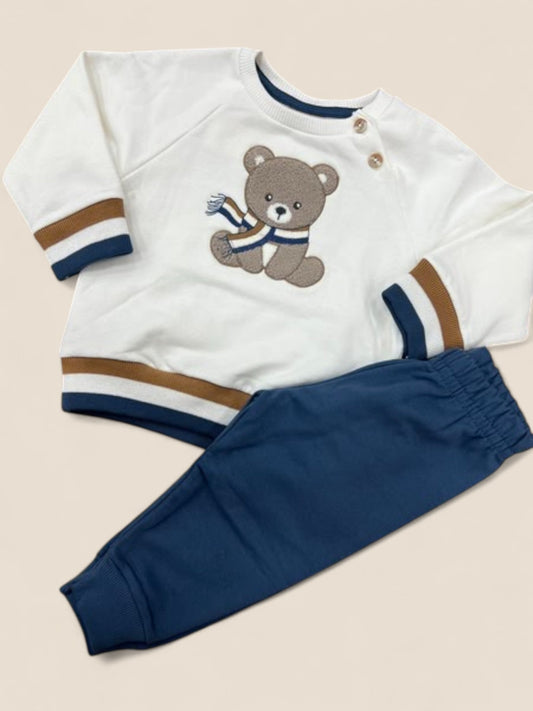 Conjunto osito con bufanda niño en blanco y azul marino KYLY