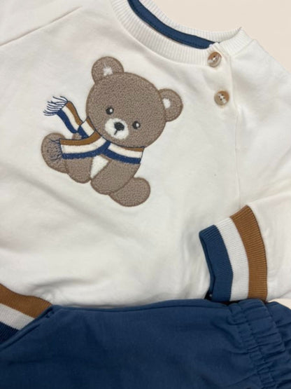 Conjunto osito con bufanda niño en blanco y azul marino KYLY