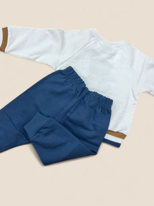 Conjunto osito con bufanda niño en blanco y azul marino KYLY